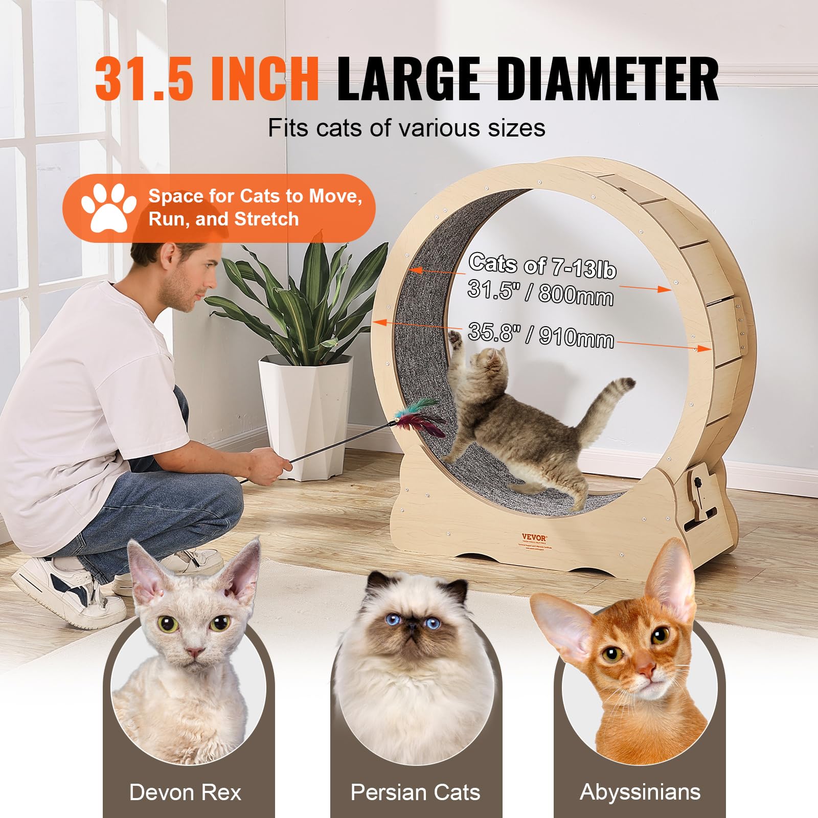 VEVOR Cat Exercise Wheel, Large Cat Treadmill Wheel for Indoor Cats, 35.8 inch Cat Running Wheel with Detachable Carpet and Cat